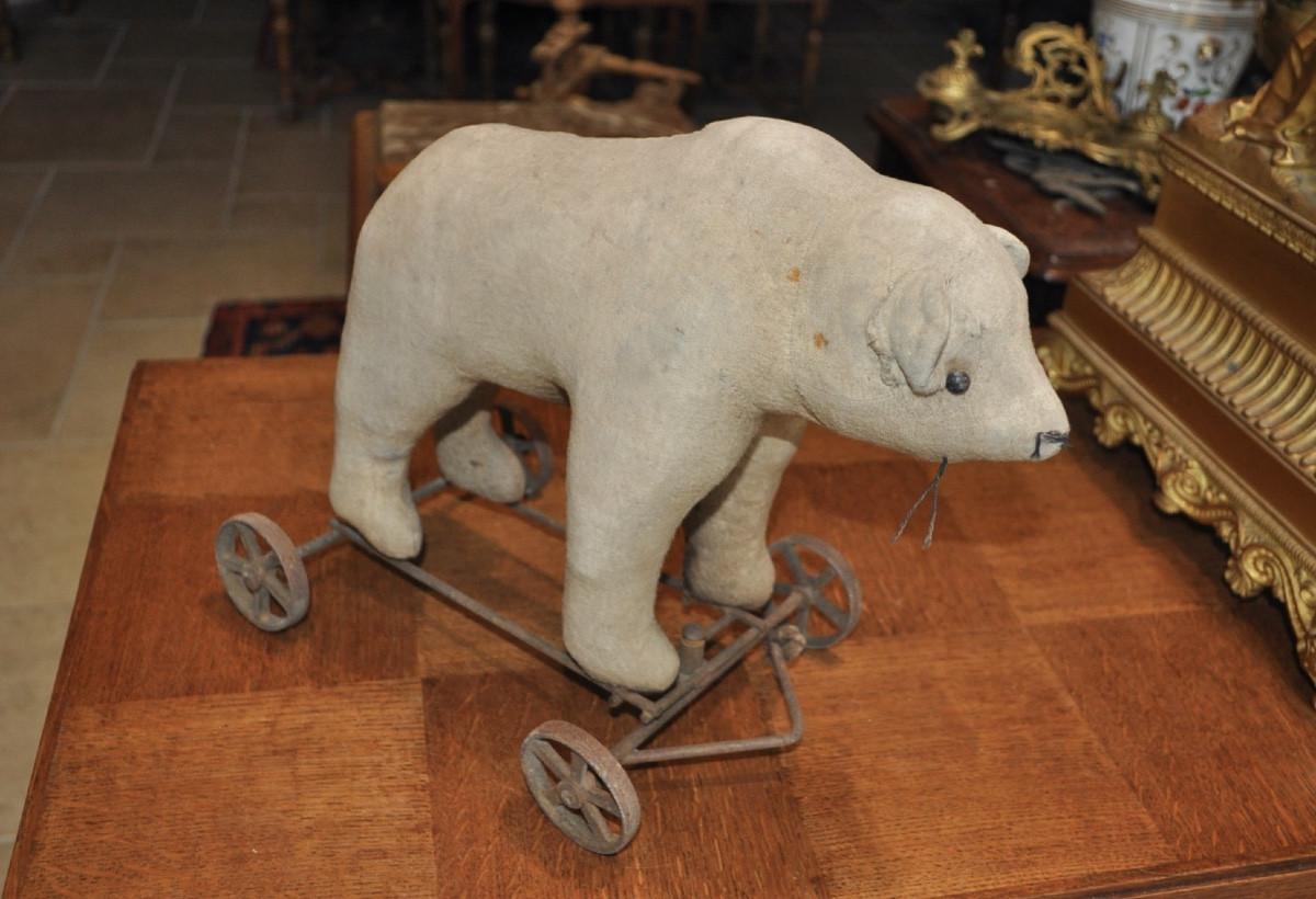 Antique Pull-along Teddy Bear On 4 Wheels, Late 19th Century Articulated Toy, Steiff Brand?