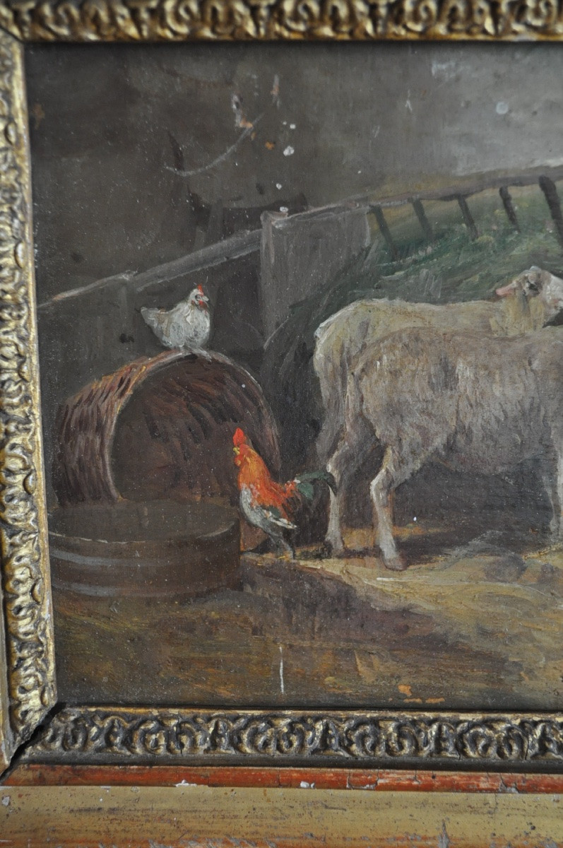 Tableau Peinture ancienne huile époque 19ème mouton coq et poule dans une étable à la ferme-photo-3