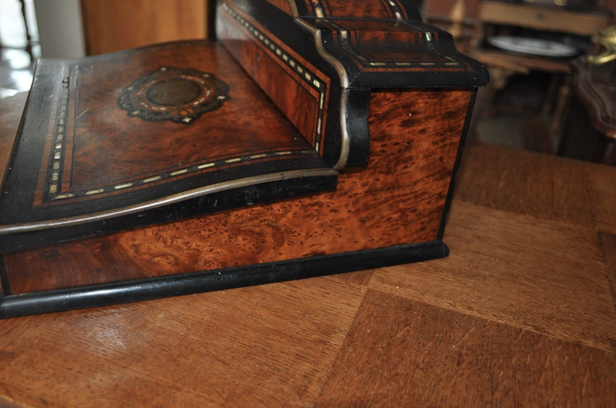Napoleon III Period Writing Case In Thuya Burl, Boule Marquetry, Mother-of-pearl Inlay-photo-2