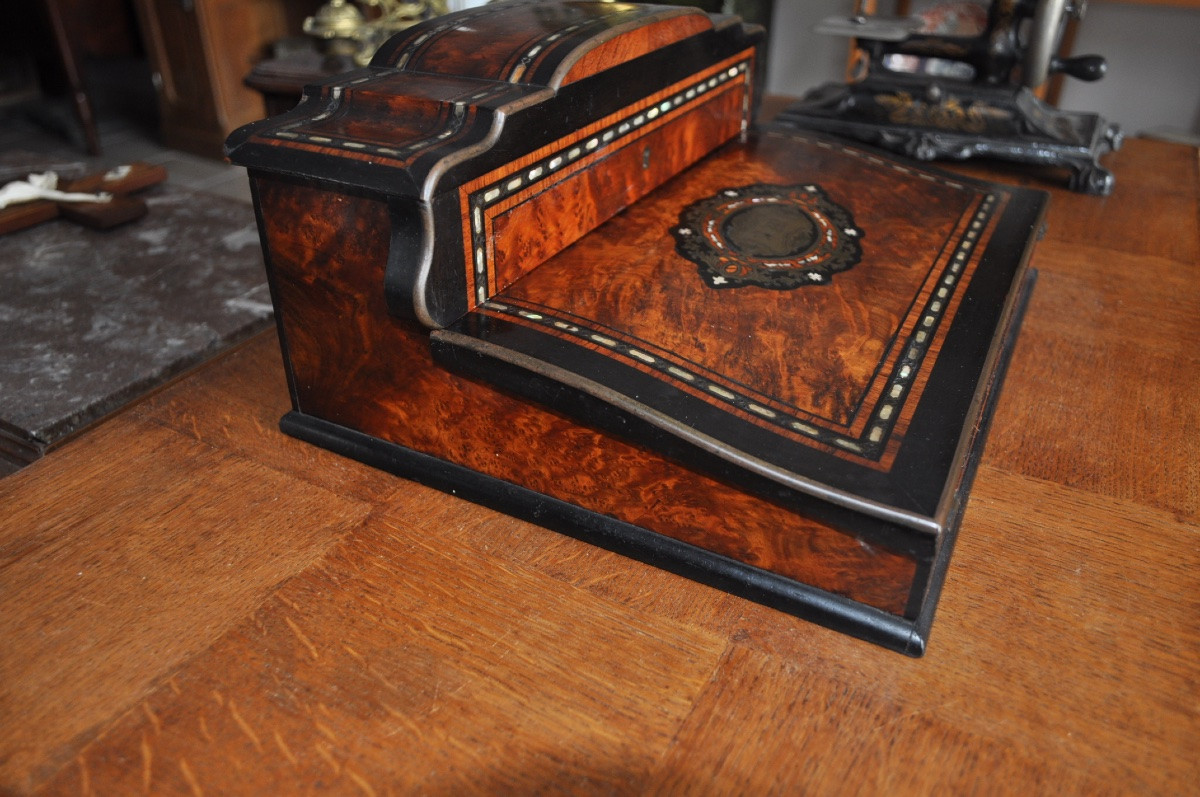 Napoleon III Period Writing Case In Thuya Burl, Boule Marquetry, Mother-of-pearl Inlay-photo-3