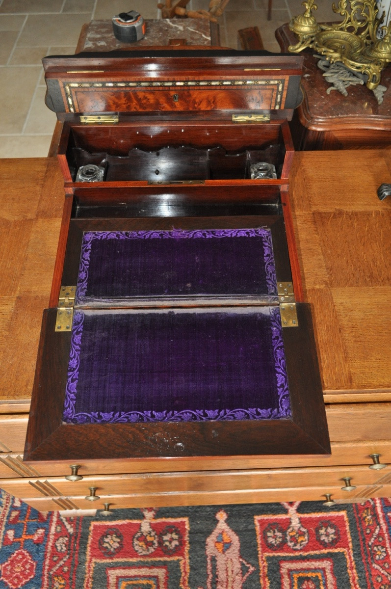 Napoleon III Period Writing Case In Thuya Burl, Boule Marquetry, Mother-of-pearl Inlay-photo-2