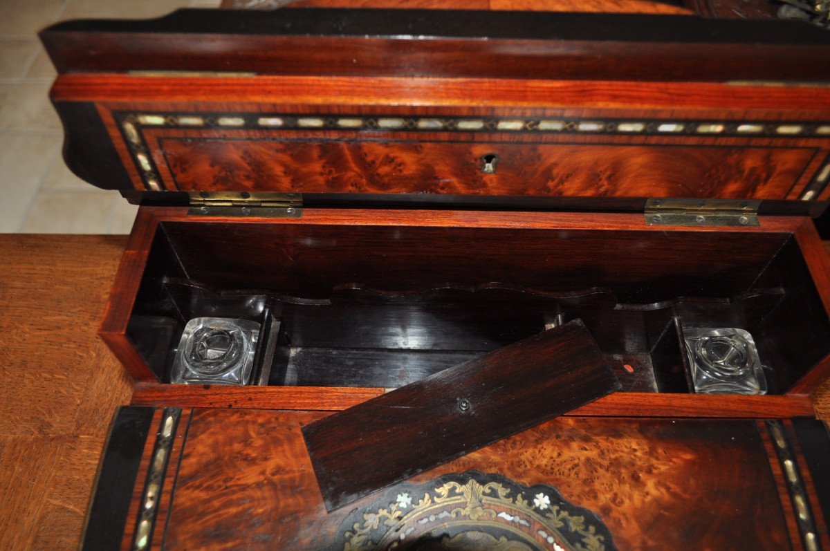 Napoleon III Period Writing Case In Thuya Burl, Boule Marquetry, Mother-of-pearl Inlay-photo-3
