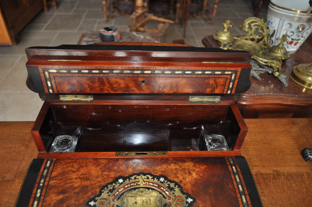 Napoleon III Period Writing Case In Thuya Burl, Boule Marquetry, Mother-of-pearl Inlay-photo-4