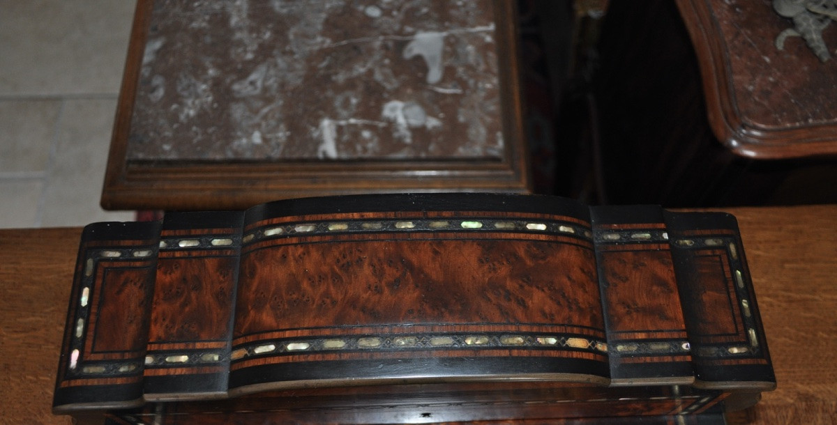 Napoleon III Period Writing Case In Thuya Burl, Boule Marquetry, Mother-of-pearl Inlay-photo-7