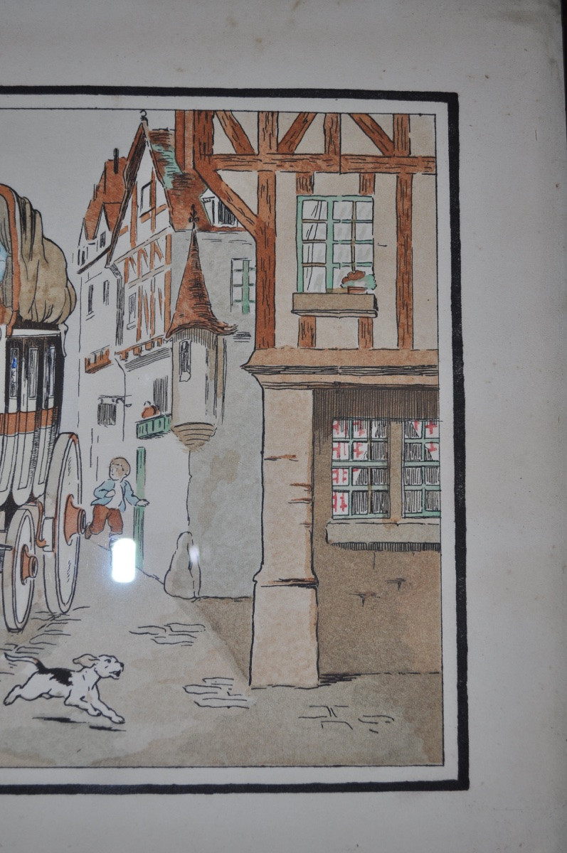 Antique Engraving Enhanced With Watercolor, Late 19th Or Early 20th Century, Stagecoach With Horses-photo-2