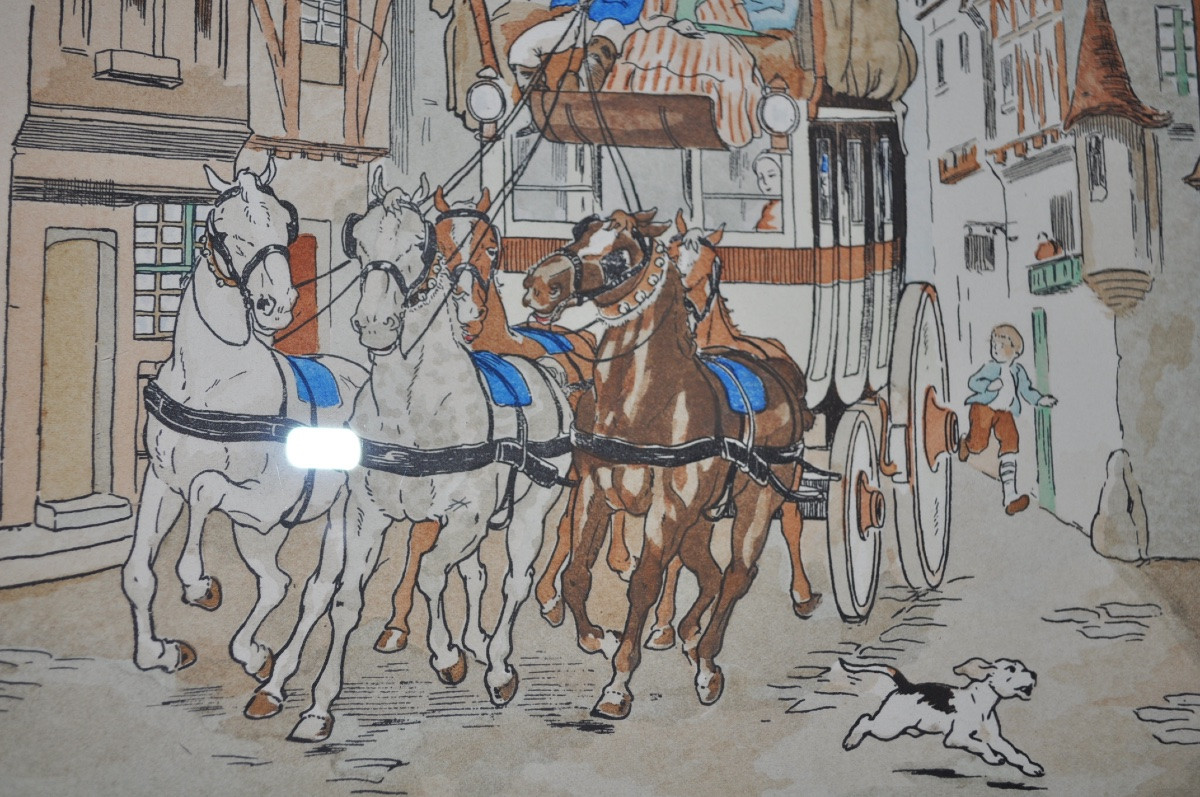 Antique Engraving Enhanced With Watercolor, Late 19th Or Early 20th Century, Stagecoach With Horses-photo-3