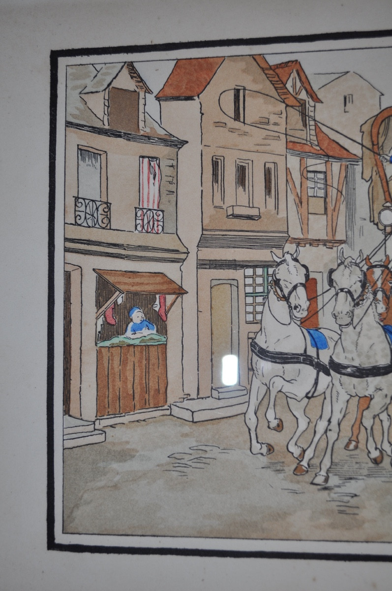 Antique Engraving Enhanced With Watercolor, Late 19th Or Early 20th Century, Stagecoach With Horses-photo-1