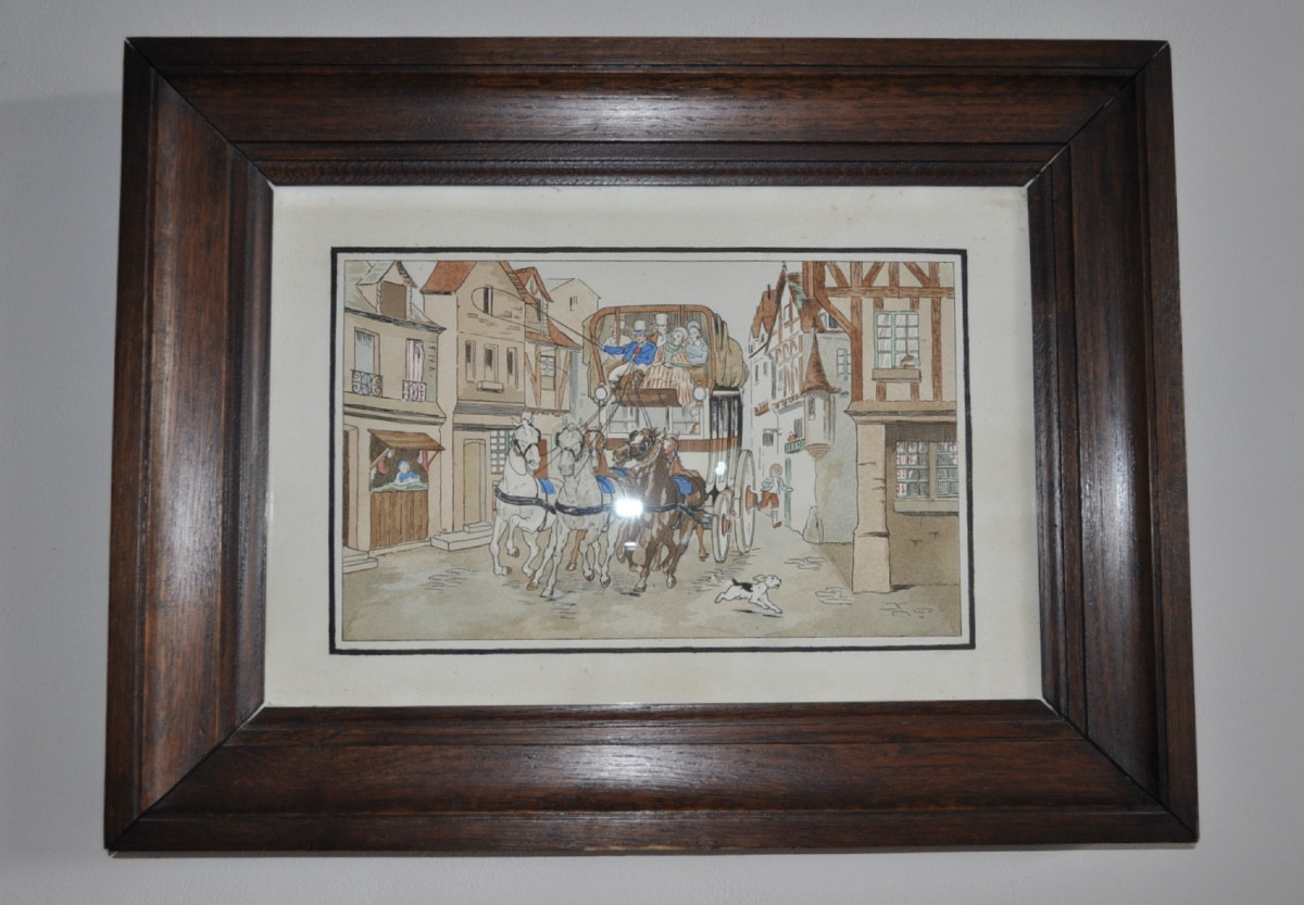 Antique Engraving Enhanced With Watercolor, Late 19th Or Early 20th Century, Stagecoach With Horses