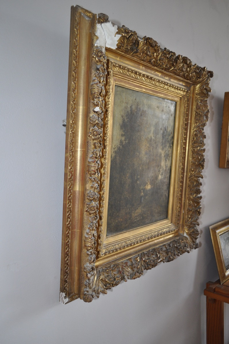 LEON RICHET tableau ancien huile sur panneau époque 19ème paysage sous bois école de Barbizon-photo-2
