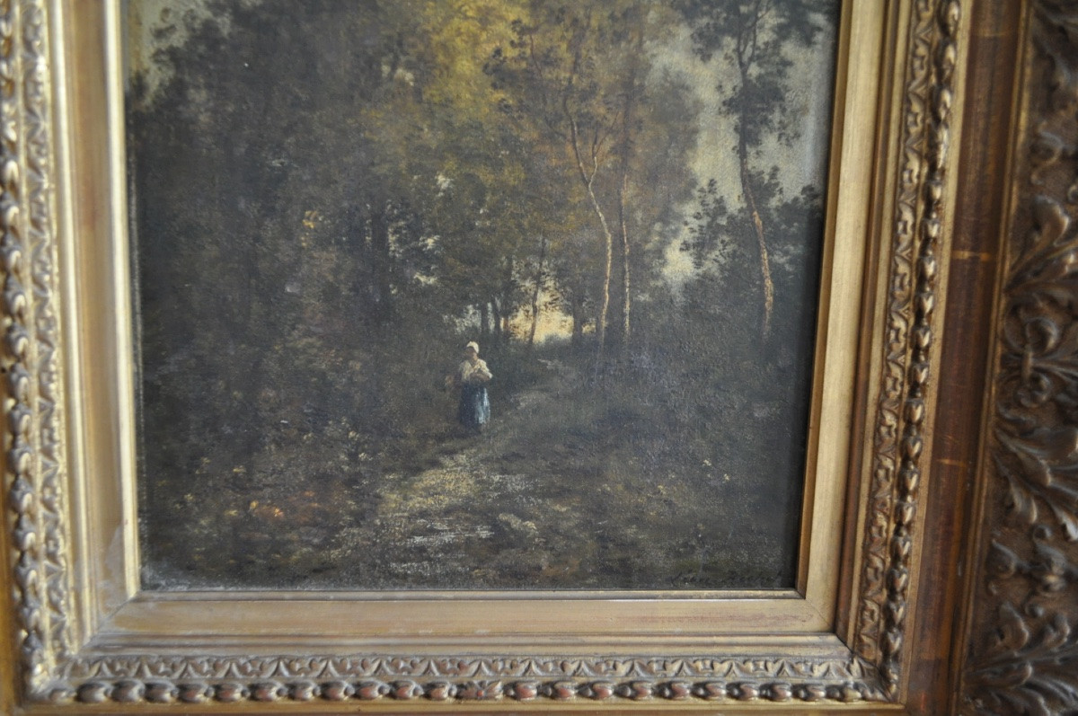 LEON RICHET tableau ancien huile sur panneau époque 19ème paysage sous bois école de Barbizon-photo-3