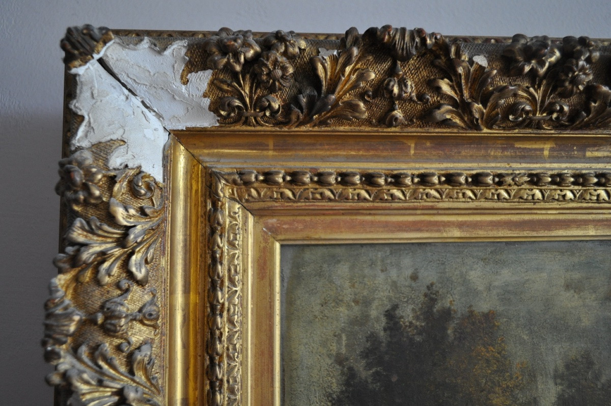 LEON RICHET tableau ancien huile sur panneau époque 19ème paysage sous bois école de Barbizon-photo-1