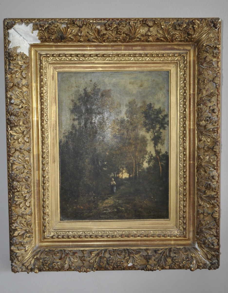 LEON RICHET tableau ancien huile sur panneau époque 19ème paysage sous bois école de Barbizon