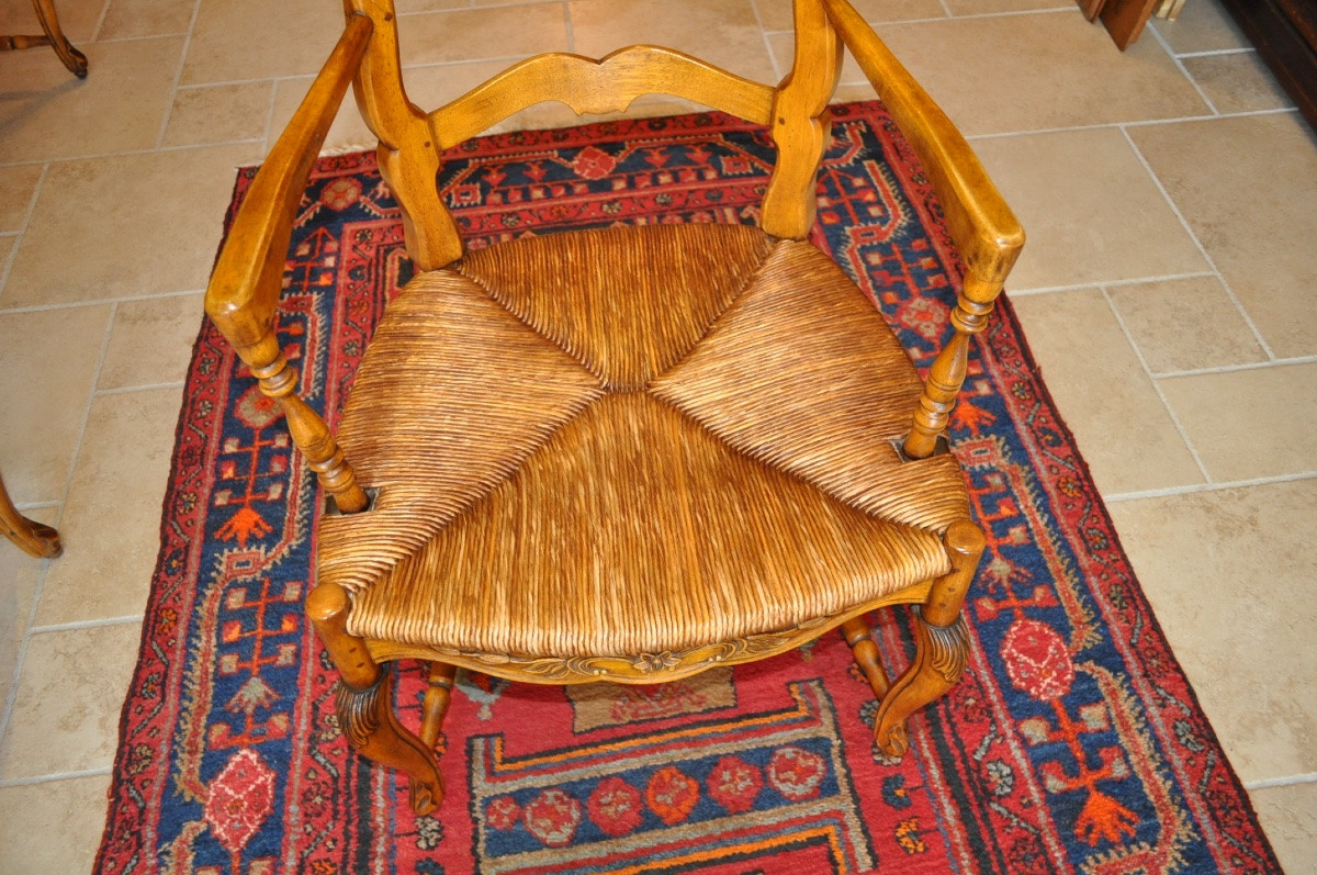 Antique Louis XV Provençal Walnut Living Room Pair Of 19th Century Radassier Straw Armchairs-photo-2