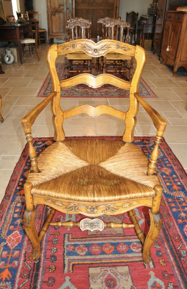 Antique Louis XV Provençal Walnut Living Room Pair Of 19th Century Radassier Straw Armchairs-photo-5