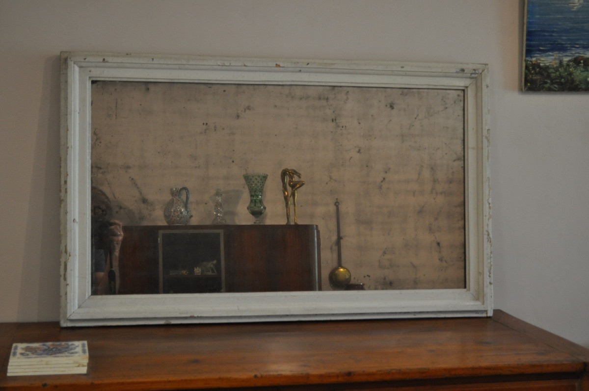 Miroir d'époque Louis XVI 18ème Cadre En Bois Laqué Glace Au Mercure élément De Boiserie peint-photo-1