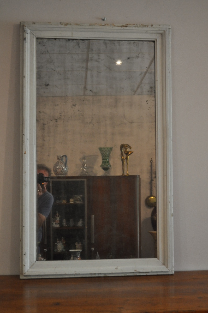 Miroir d'époque Louis XVI 18ème Cadre En Bois Laqué Glace Au Mercure élément De Boiserie peint