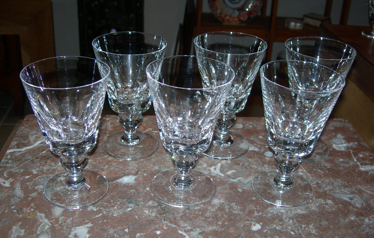 6 Jersey Pattern Water Or Wine Glasses In Saint Louis Crystal, France Ocean Liner Glass, 14.5 Cm