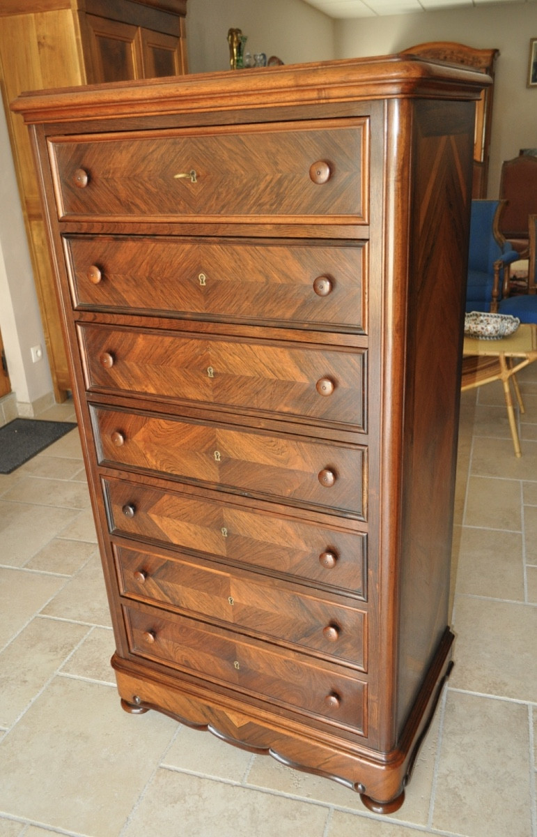 Small Rosewood Chest Of Drawers From The Napoleon III Period, 19th Century, With 7 Drawers, Antique Furniture