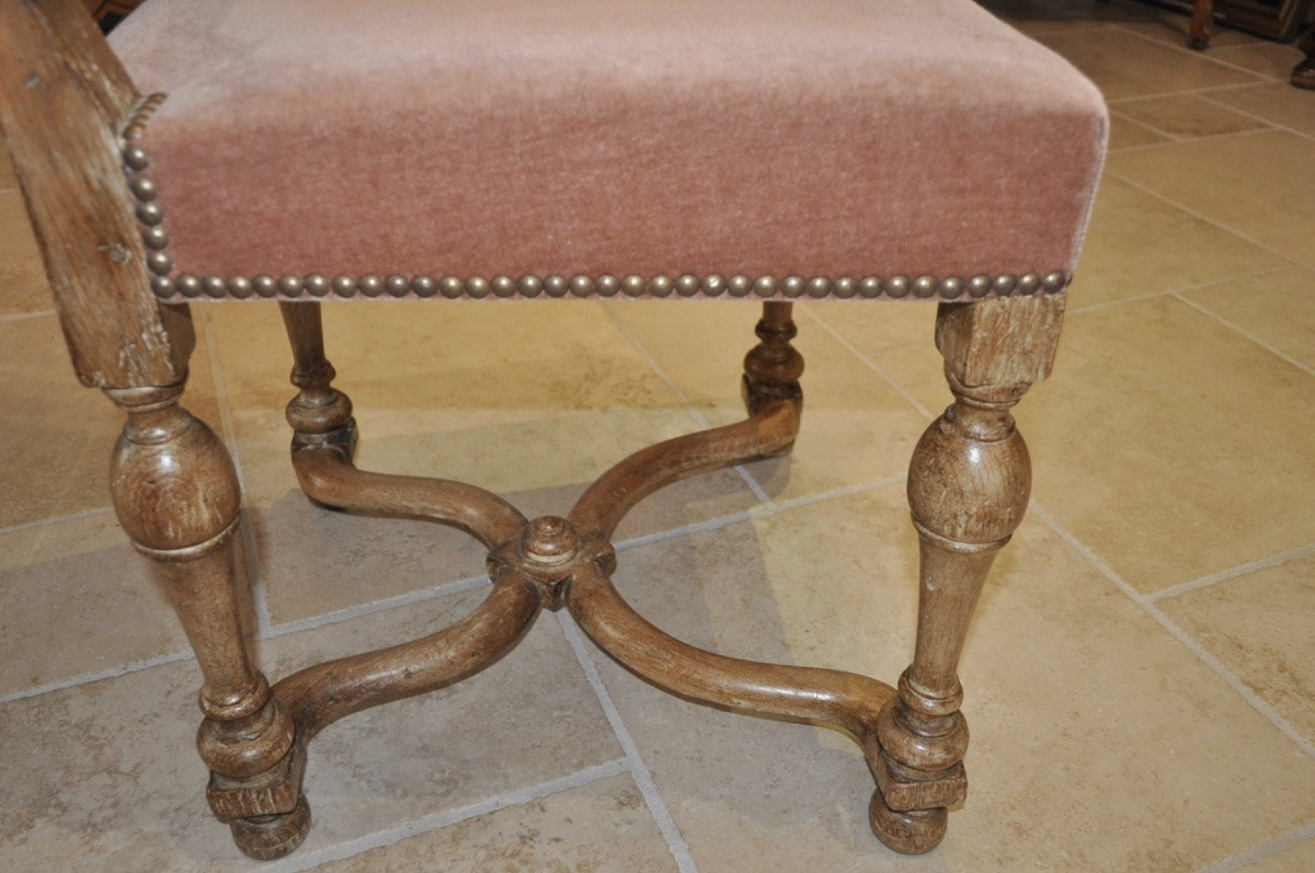 Set Of 6 Antique Louis XIV Style Chairs In Cerused Oak And Period Velvet, Early 20th Century-photo-2
