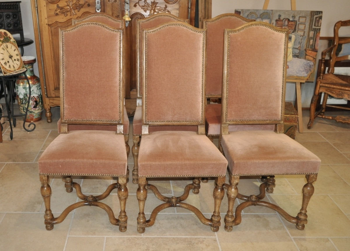 Set Of 6 Antique Louis XIV Style Chairs In Cerused Oak And Period Velvet, Early 20th Century-photo-7