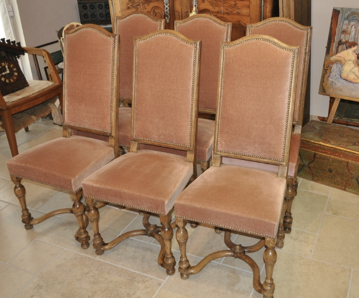 Set Of 6 Antique Louis XIV Style Chairs In Cerused Oak And Period Velvet, Early 20th Century
