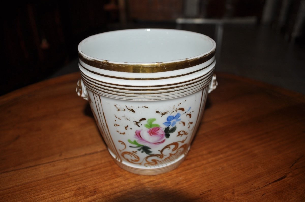 Cache Pot Ancien En Porcelaine De Paris d'époque Empire Début 19ème Décor Polychrome Et Doré