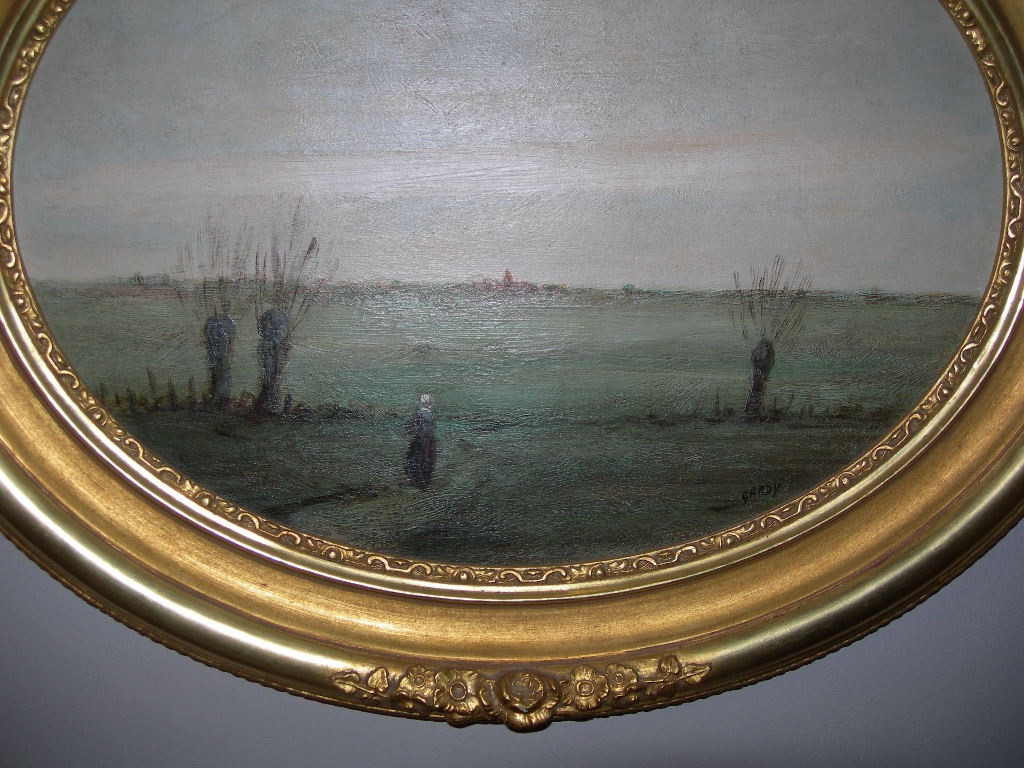 Antique Oval Oil Painting On Cardboard, Landscape, Signed Claude Gardy (born 1949), Village And River Scene, Signed Claude Gardy (born 1949)-photo-4