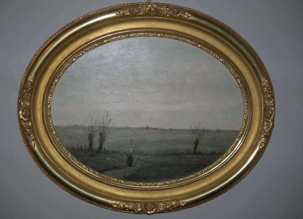 Antique Oval Oil Painting On Cardboard, Landscape, Signed Claude Gardy (born 1949), Village And River Scene, Signed Claude Gardy (born 1949)