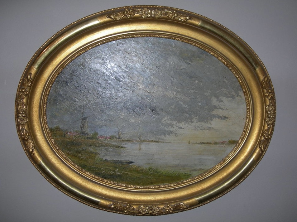 Oil Painting On Oval Canvas, Signed Pierre Stéfani, Born In 1938, Depicting The Mills Of Flanders And The Seascape.