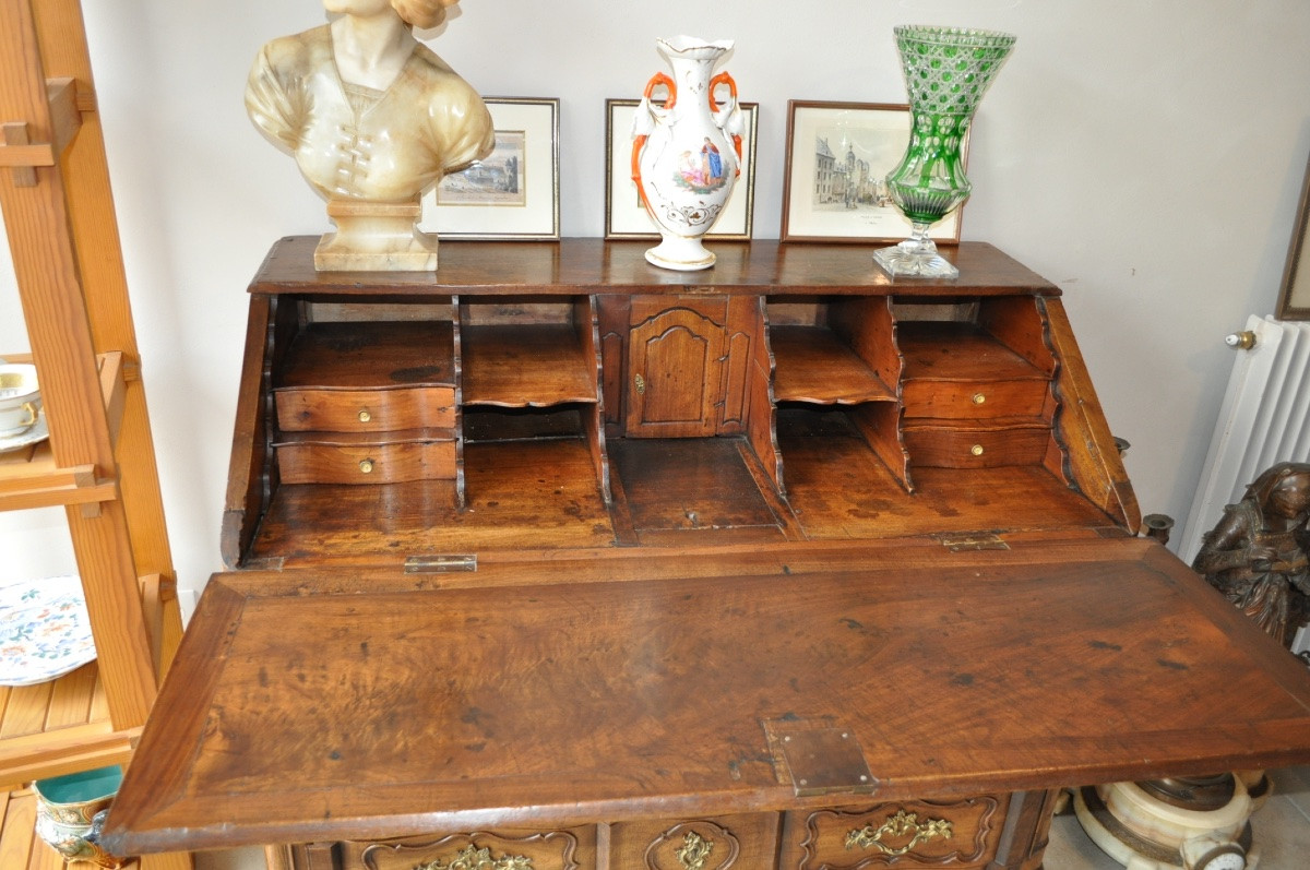 COMMODE SCRIBANNE GALBÉE D'ÉPOQUE LOUIS XV EN NOYER MASSIF MEUBLE SCRIBAN ANCIEN 18ÈME-photo-2
