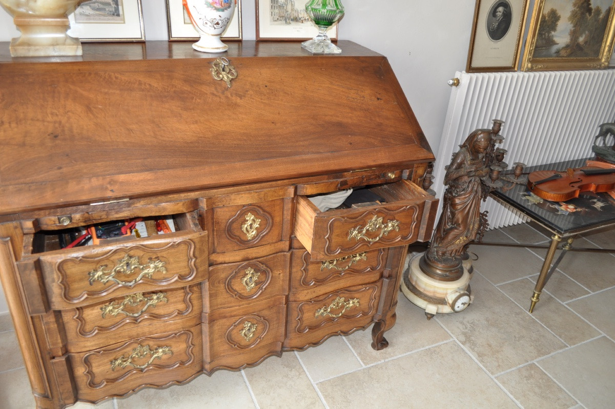 COMMODE SCRIBANNE GALBÉE D'ÉPOQUE LOUIS XV EN NOYER MASSIF MEUBLE SCRIBAN ANCIEN 18ÈME-photo-3
