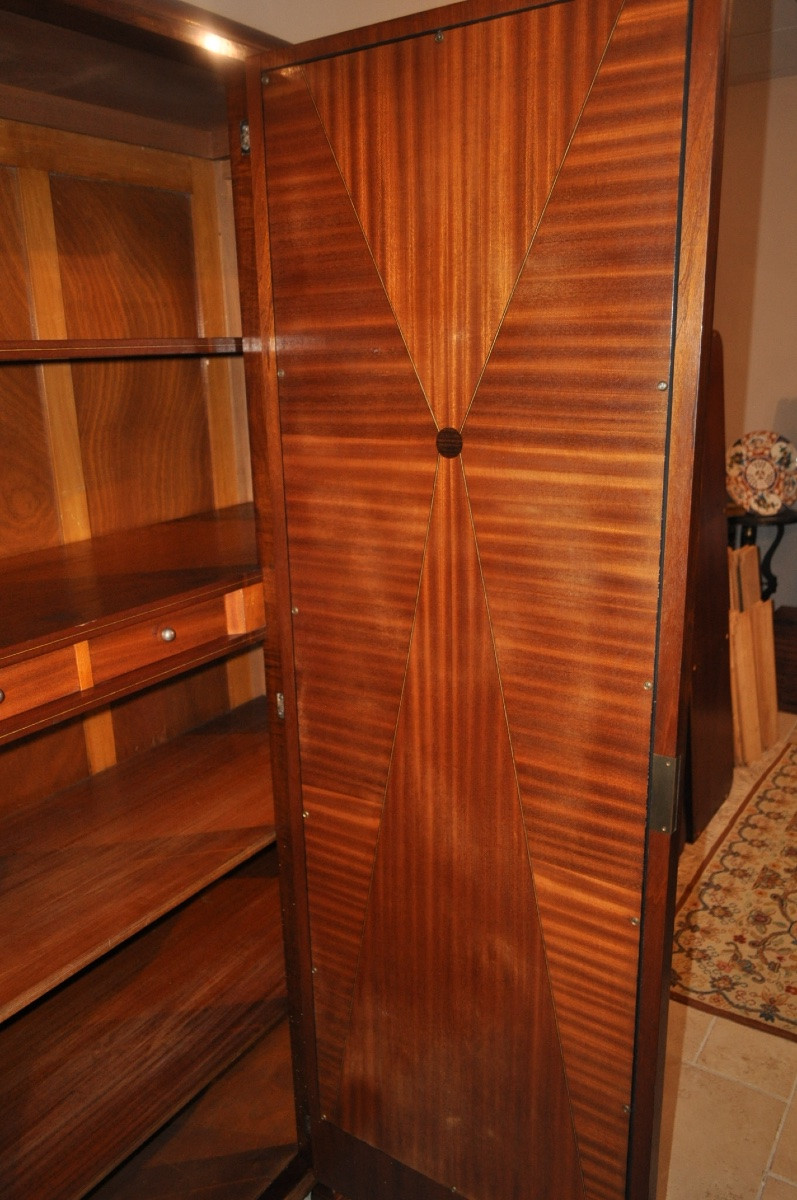 3-door Art Deco Walnut Cabinet 1 Door With Beveled Glass 1930 Antique Furniture-photo-3