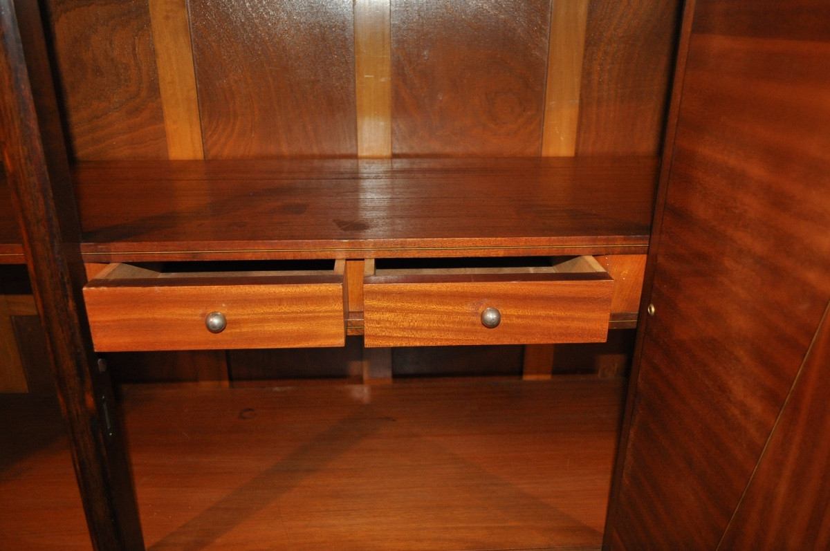 3-door Art Deco Walnut Cabinet 1 Door With Beveled Glass 1930 Antique Furniture-photo-4