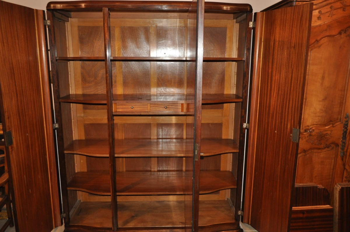 3-door Art Deco Walnut Cabinet 1 Door With Beveled Glass 1930 Antique Furniture-photo-5