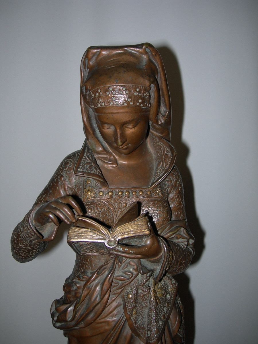 GRANDE SCULPTURE 19ème EN BRONZE DORÉ ET PATINÉ ( 62 CM ) LA LISEUSE SIGNÉ A CARRIER BELLEUSE-photo-2