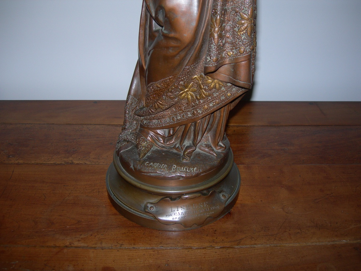 GRANDE SCULPTURE 19ème EN BRONZE DORÉ ET PATINÉ ( 62 CM ) LA LISEUSE SIGNÉ A CARRIER BELLEUSE-photo-3