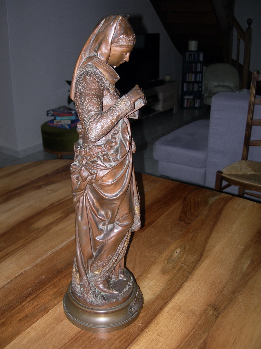 GRANDE SCULPTURE 19ème EN BRONZE DORÉ ET PATINÉ ( 62 CM ) LA LISEUSE SIGNÉ A CARRIER BELLEUSE-photo-1