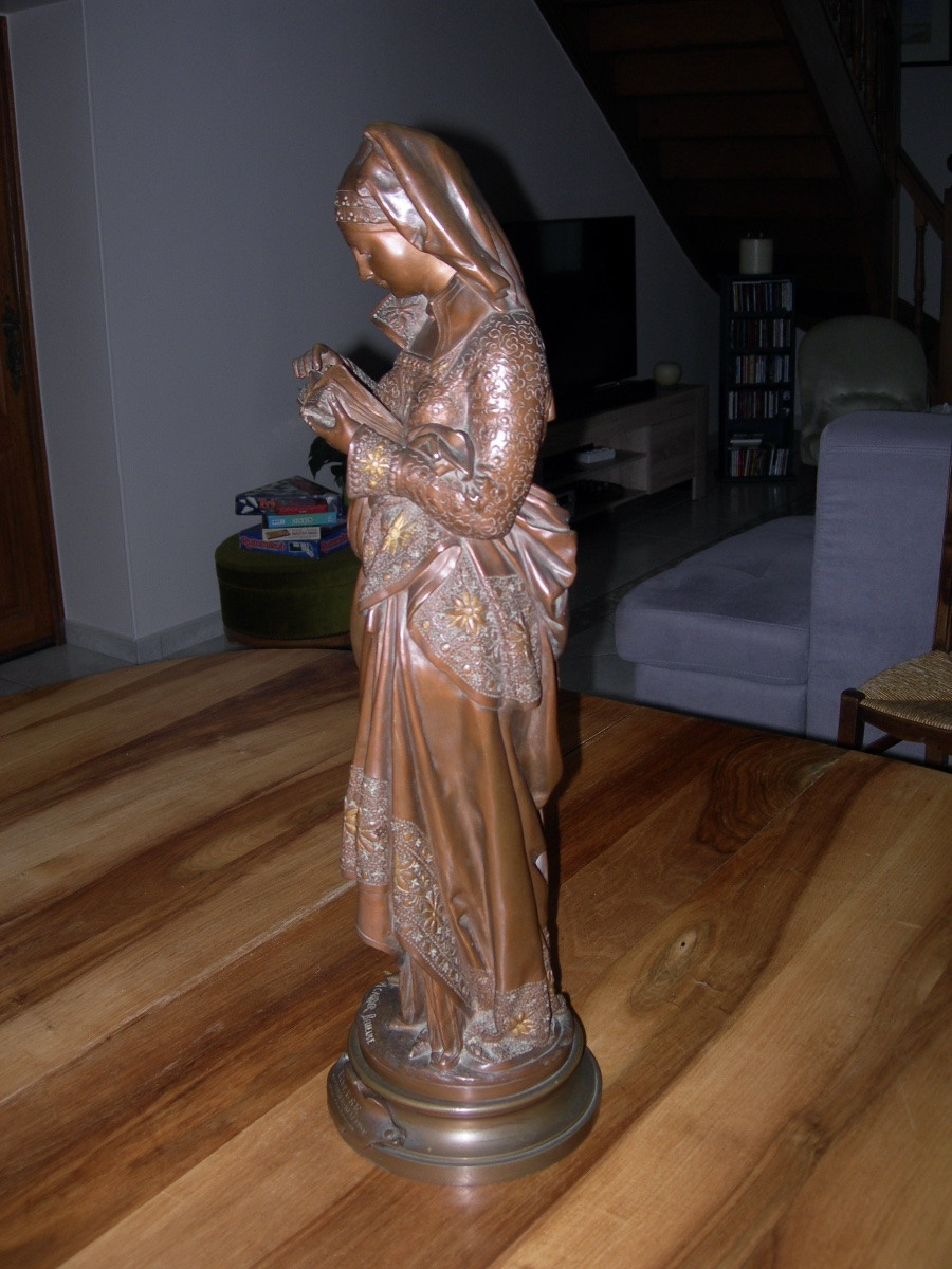 GRANDE SCULPTURE 19ème EN BRONZE DORÉ ET PATINÉ ( 62 CM ) LA LISEUSE SIGNÉ A CARRIER BELLEUSE-photo-3