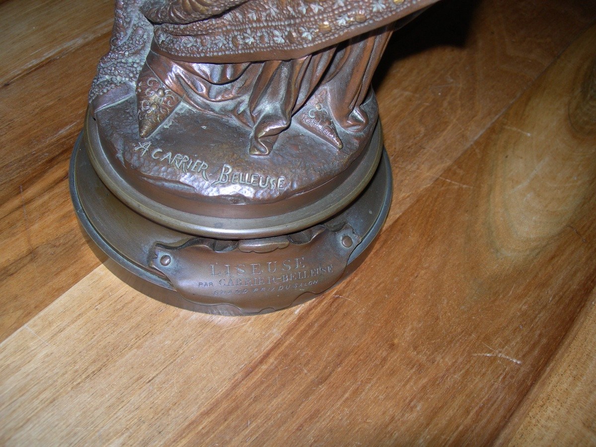 GRANDE SCULPTURE 19ème EN BRONZE DORÉ ET PATINÉ ( 62 CM ) LA LISEUSE SIGNÉ A CARRIER BELLEUSE-photo-4