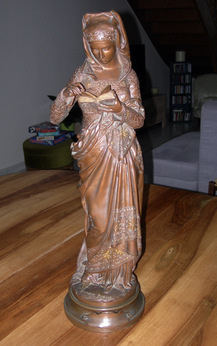 GRANDE SCULPTURE 19ème EN BRONZE DORÉ ET PATINÉ ( 62 CM ) LA LISEUSE SIGNÉ A CARRIER BELLEUSE