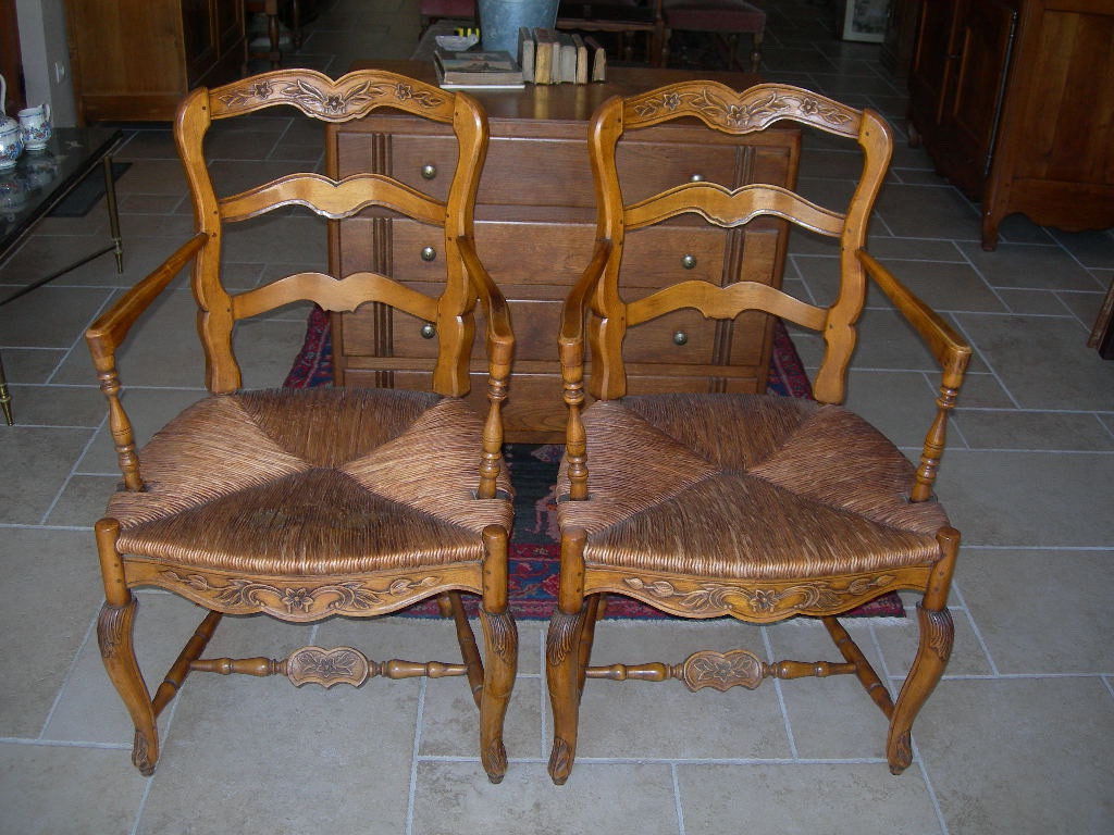 Pair Of Antique Carved Walnut Straw Armchairs From Provence, 19th Century