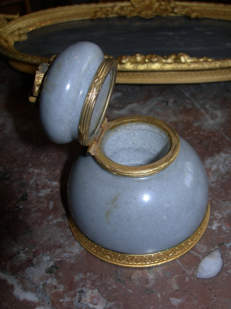 Napoleon III Period Blue Marble And Gilt Bronze Desk Set, Inkwell, Blotter Tray-photo-2