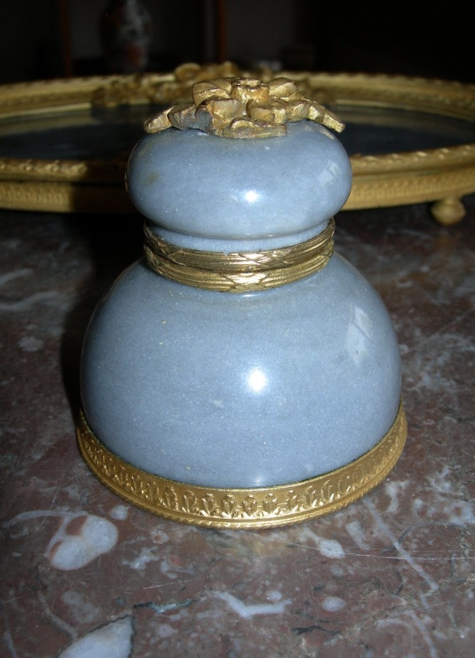 Napoleon III Period Blue Marble And Gilt Bronze Desk Set, Inkwell, Blotter Tray-photo-5