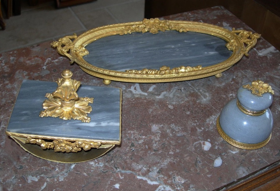 Napoleon III Period Blue Marble And Gilt Bronze Desk Set, Inkwell, Blotter Tray