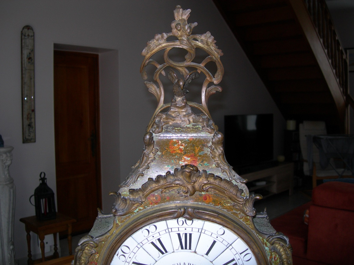 Cartel D'époque Louis XV signé J. Jollain décor floral en verni martin et bronze pendule 18ème-photo-2