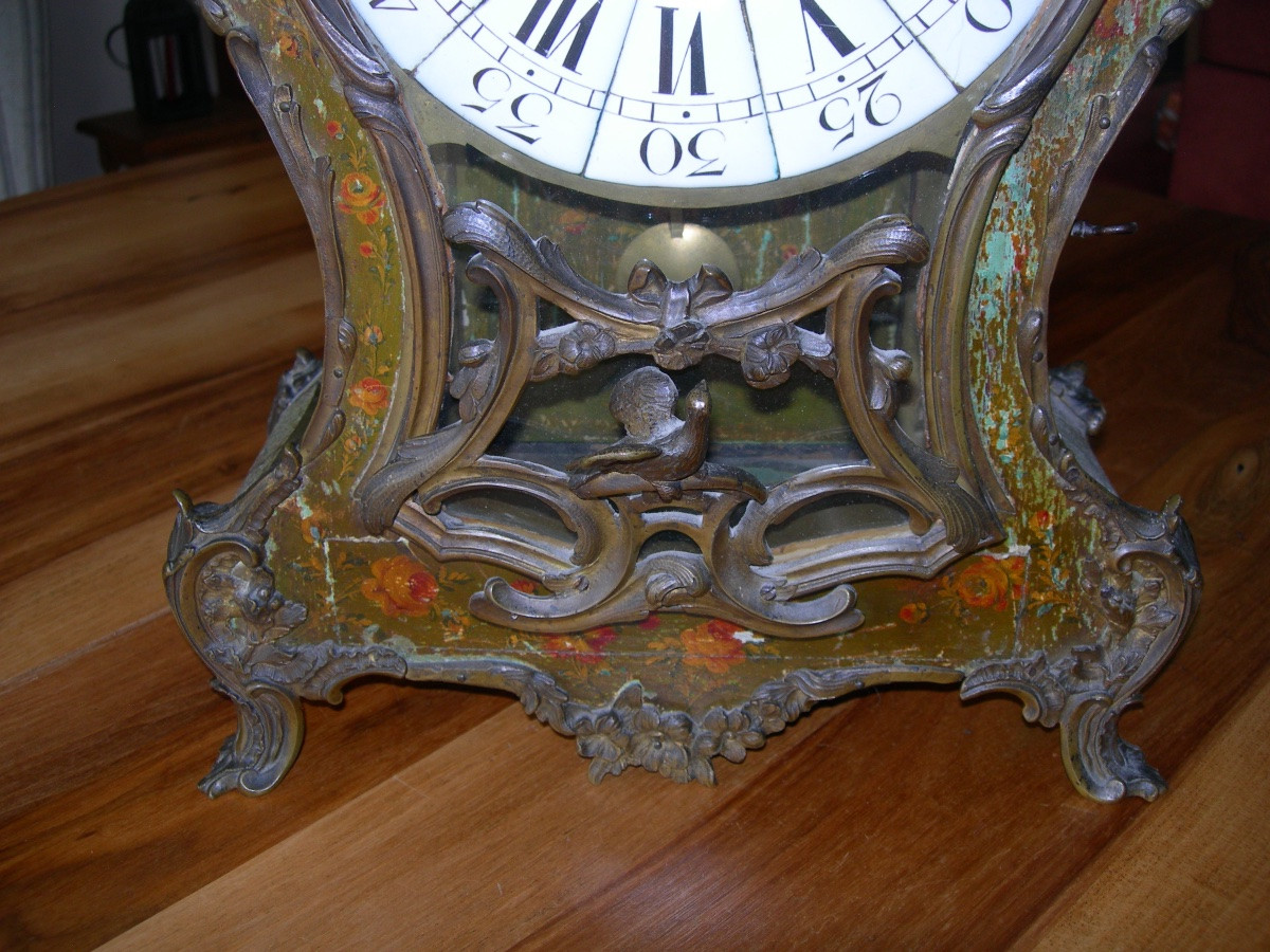Cartel D'époque Louis XV signé J. Jollain décor floral en verni martin et bronze pendule 18ème-photo-3