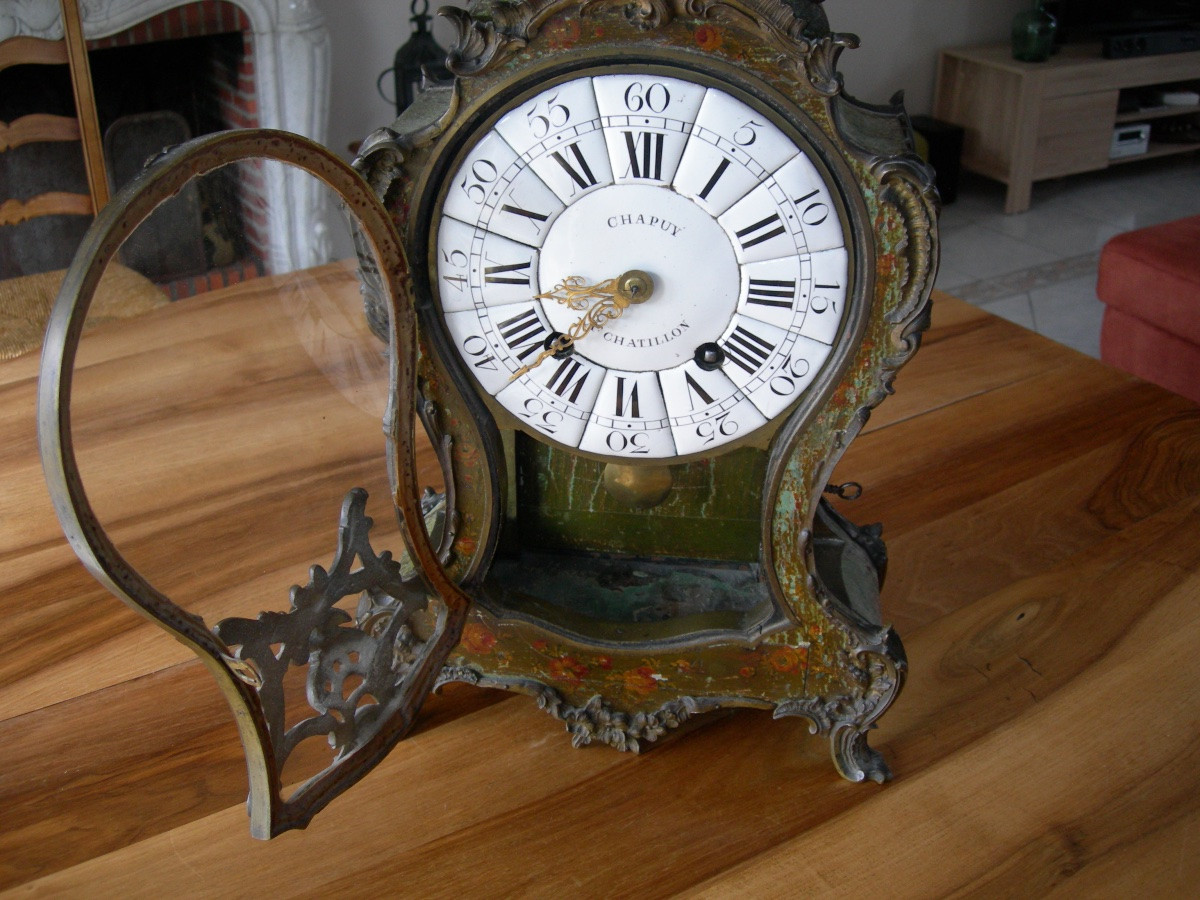 Cartel D'époque Louis XV signé J. Jollain décor floral en verni martin et bronze pendule 18ème-photo-2