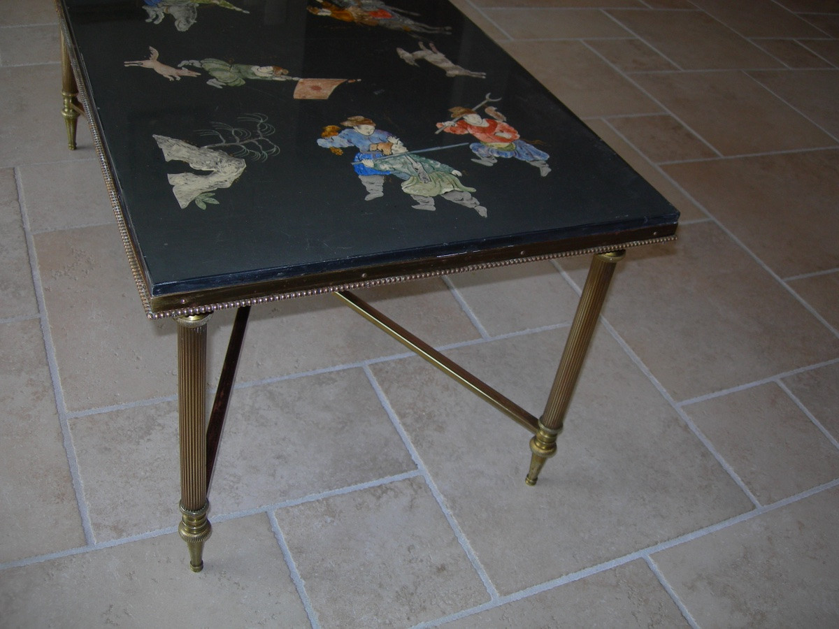 Table basse des années 50 - 60 en laiton et marbre à décor chinois maison Baguès ou Jansen-photo-2