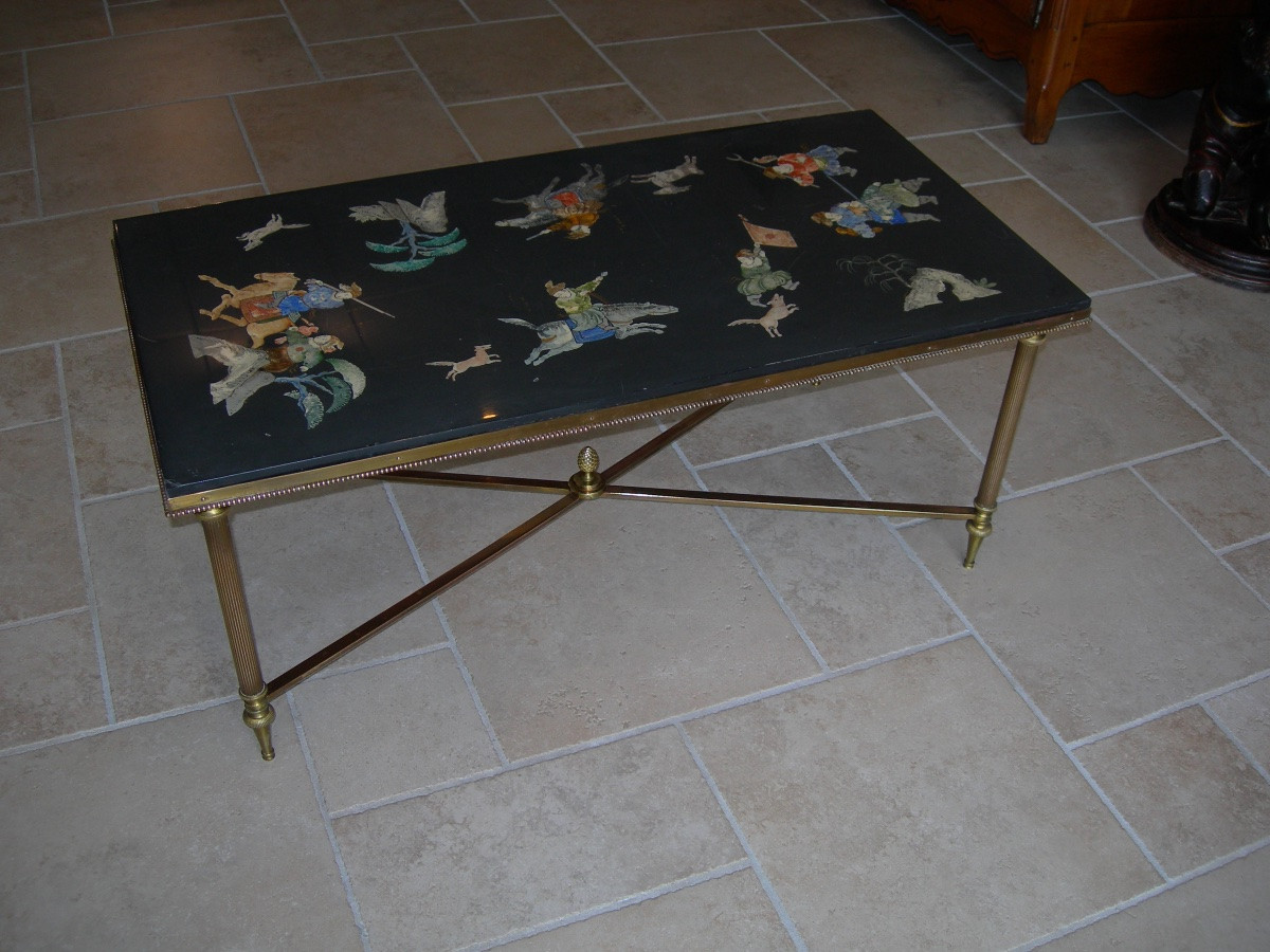 Table basse des années 50 - 60 en laiton et marbre à décor chinois maison Baguès ou Jansen-photo-4