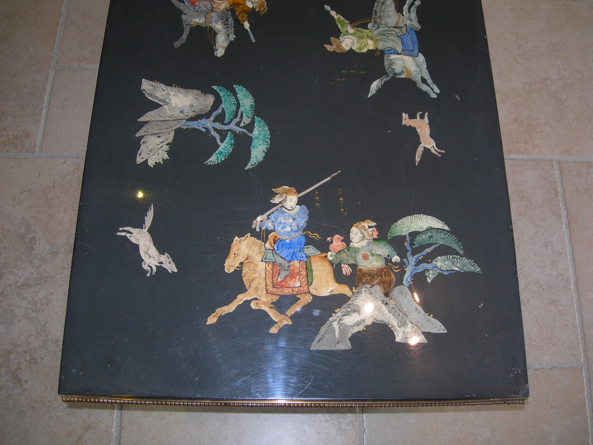 Table basse des années 50 - 60 en laiton et marbre à décor chinois maison Baguès ou Jansen-photo-3